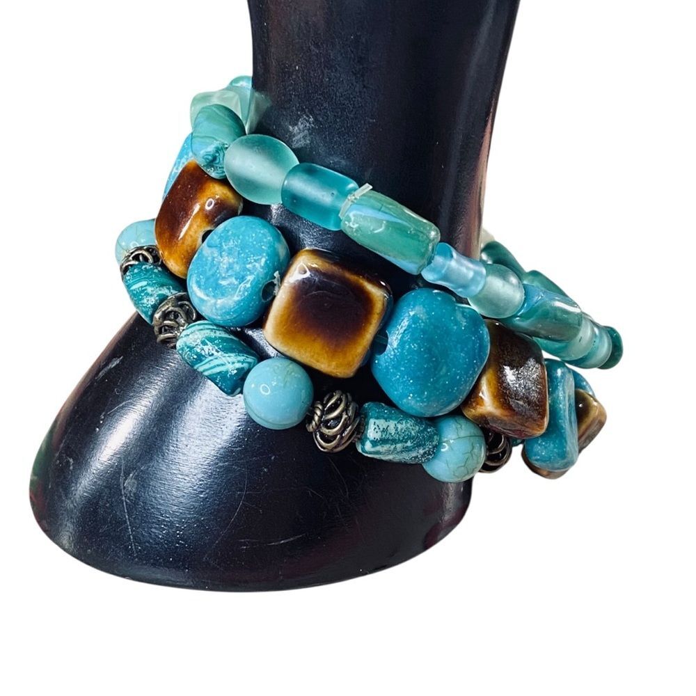 Turquoise Blue Beaded Stretch Bracelet Set of 3 Handcrafted Multicolor OS